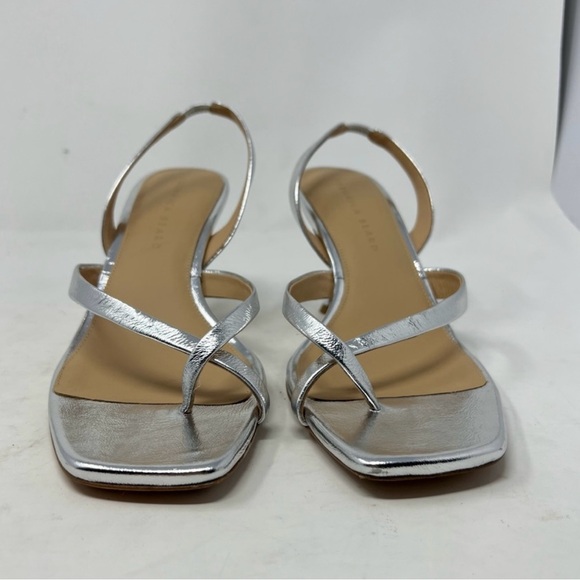 Veronica Beard Silver Leather Thong Heeled Strappy Sandals Metallic Heels Size 9 - Picture 4 of 10
